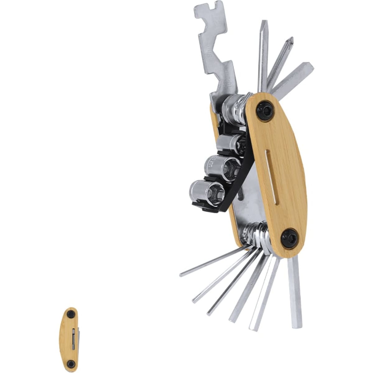 A multi-tool featuring various metal tools and wooden accents, with multiple sockets and hex keys integrated.