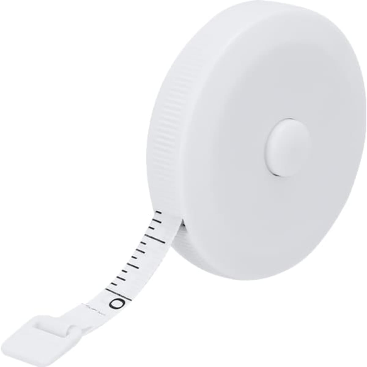 A white tape measure features a retractable tape with measurement markings and a button for locking. It has a logo.