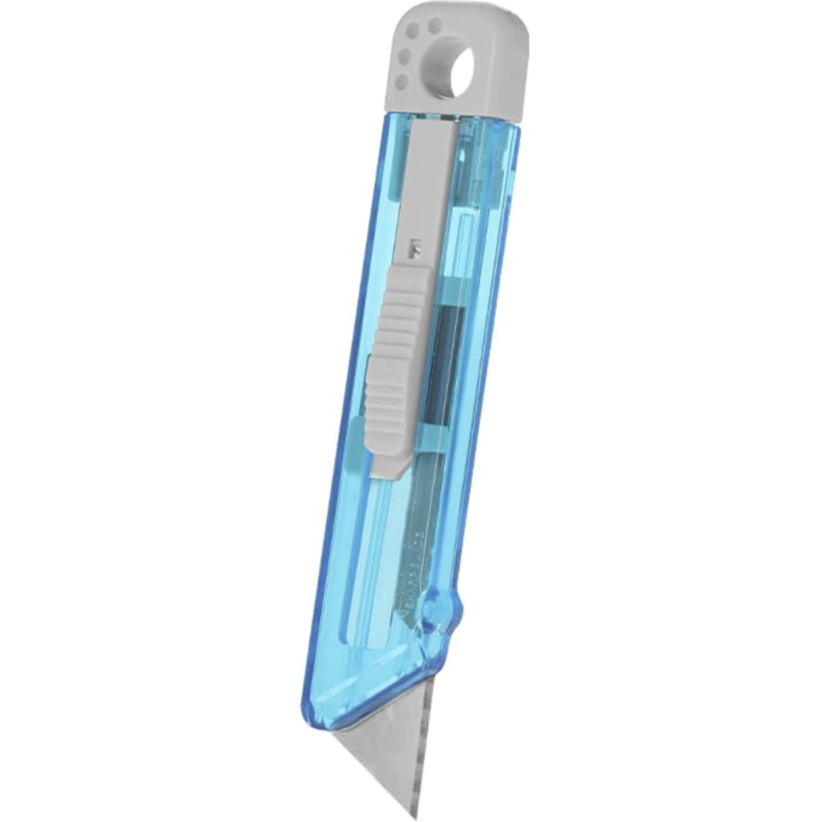 A blue and grey utility knife with a retractable blade and a built-in safety feature, featuring a logo.