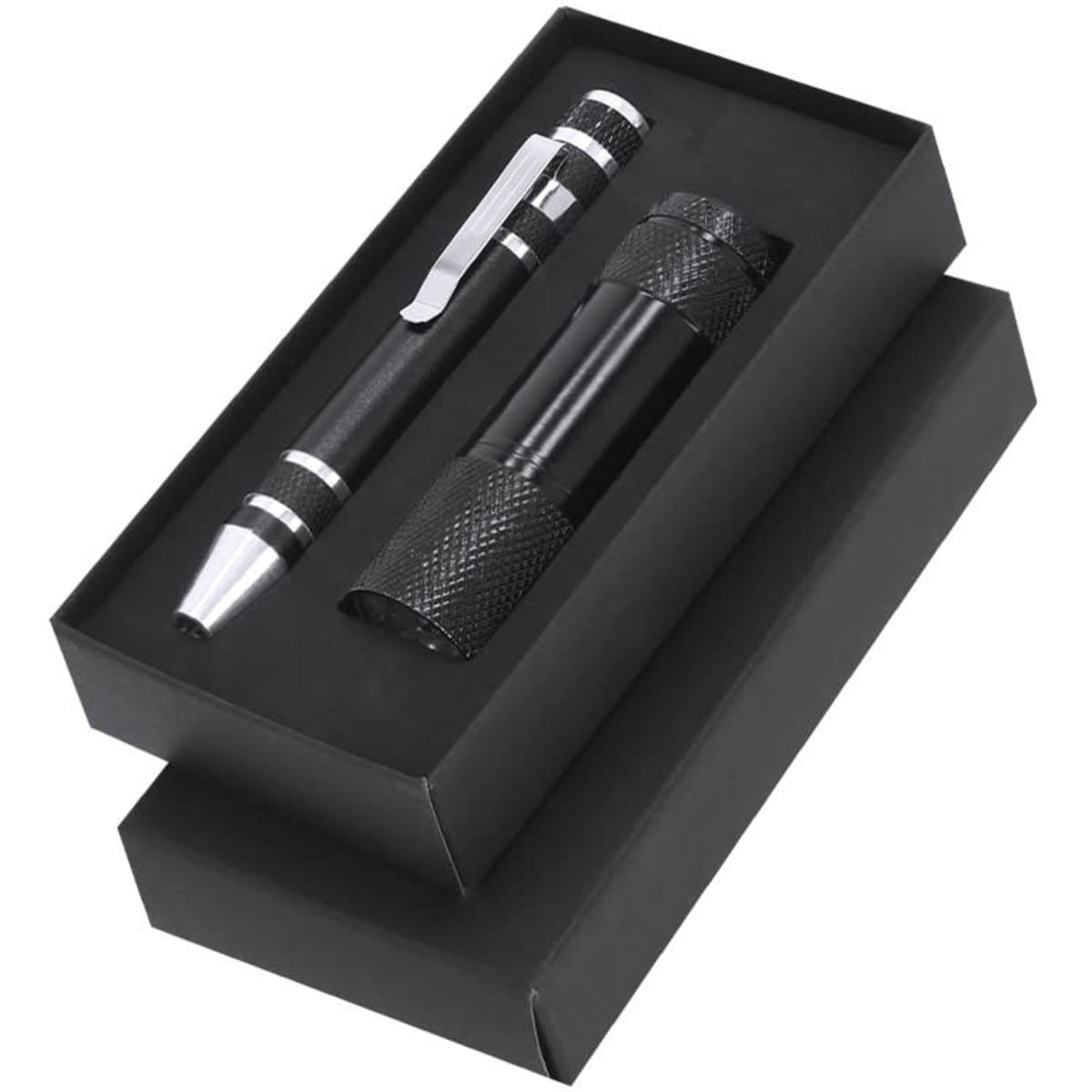 A black gift set containing a pen and a flashlight, presented in a sleek black box.