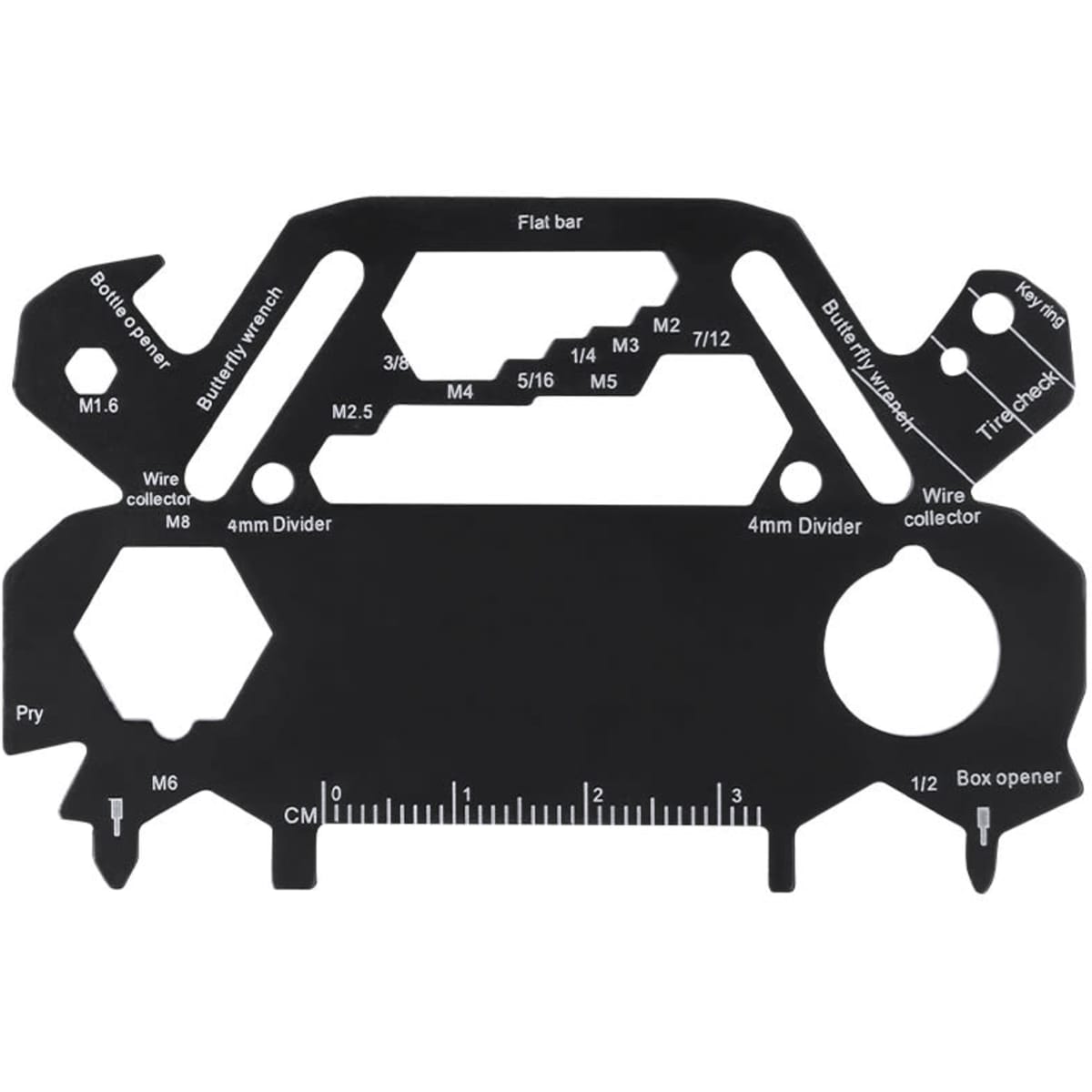 A multi-tool in black featuring various functions like a bottle opener, wrench, and rulers. It has a branding logo.