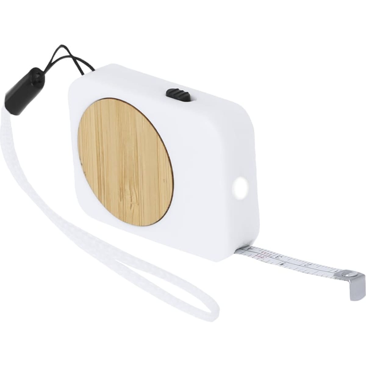 A white tape measure with a wood-patterned side and a retractable measuring tape. It features a wrist strap and a branding logo.