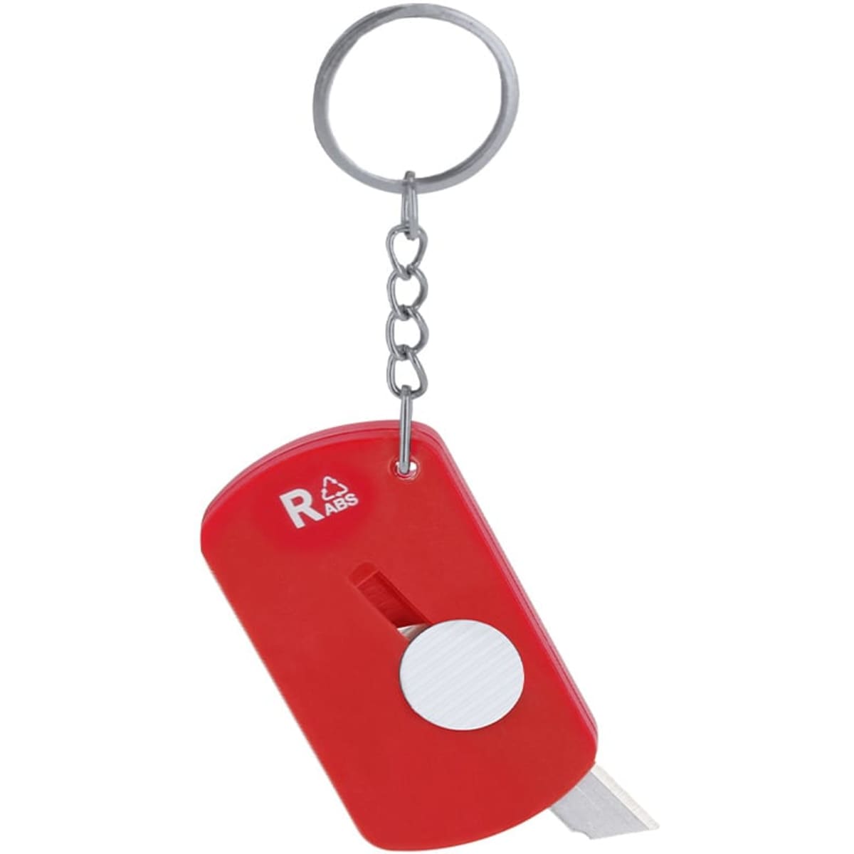 A red keyring tool featuring a retractable blade and a metal chain for attachment. It has a logo on the surface.