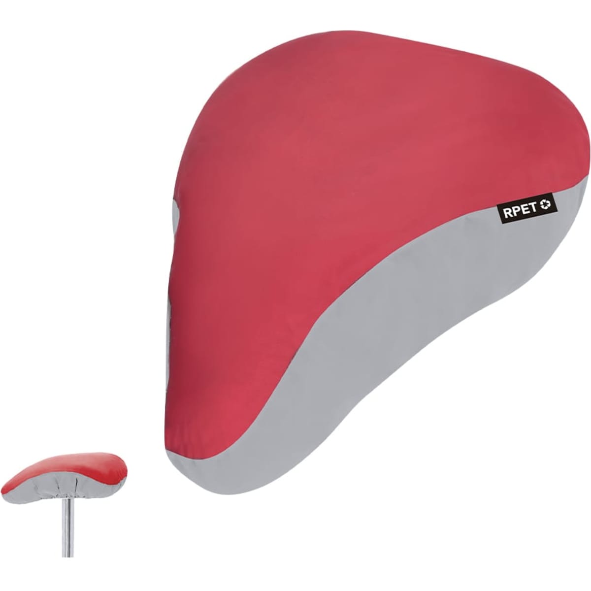 A bicycle seat cover in red and grey, featuring a logo, designed to fit various bike seats.