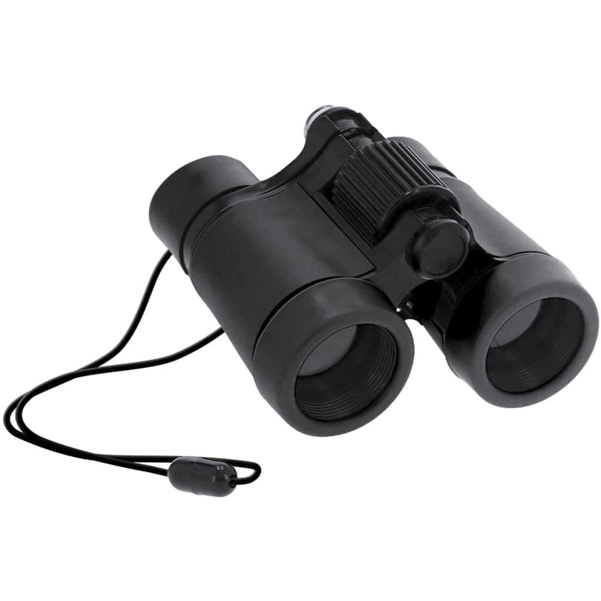 A pair of black binoculars with a neck strap and focusing knob. The product has a sleek design and is compact.
