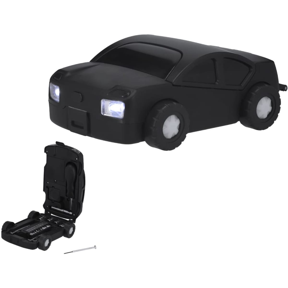 A black car-shaped multi-tool with lights, with a compartment and tools visible beside it. It features a logo.
