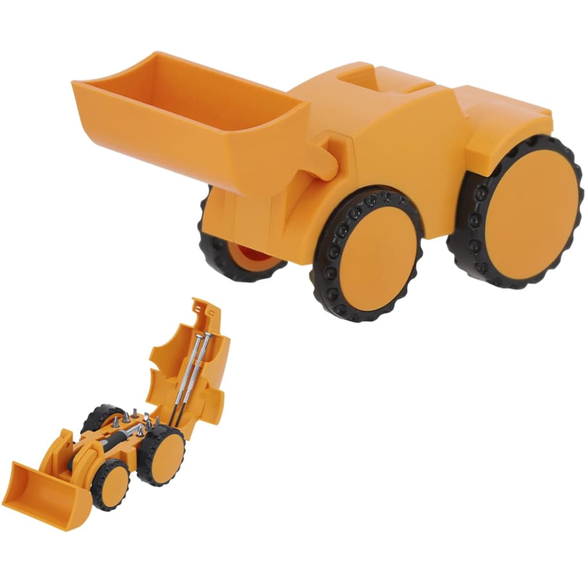 An orange toy digger with a moving scoop and black wheels, featuring a compact design for easy storage.