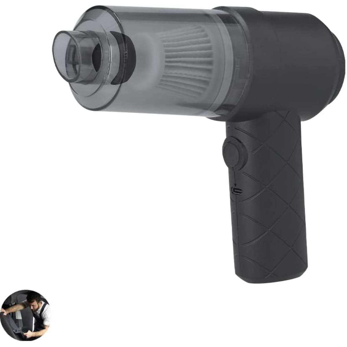 A black handheld vacuum cleaner with a transparent dust container and a textured grip handle. It features a power button.