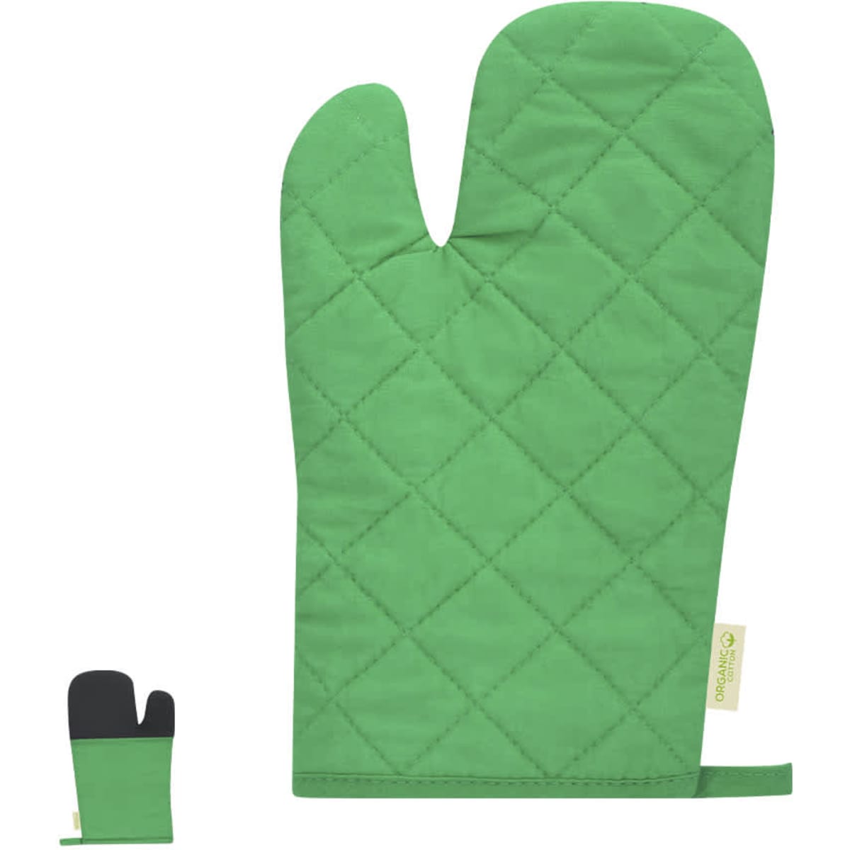 A pair of green quilted oven mitts, featuring a larger mitt and a smaller one, with a label on the side.