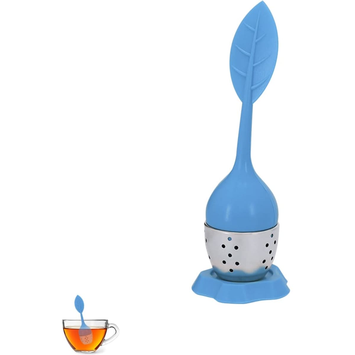 A tea infuser in blue, shaped like a leaf, with a stainless steel base and a silicone stand.