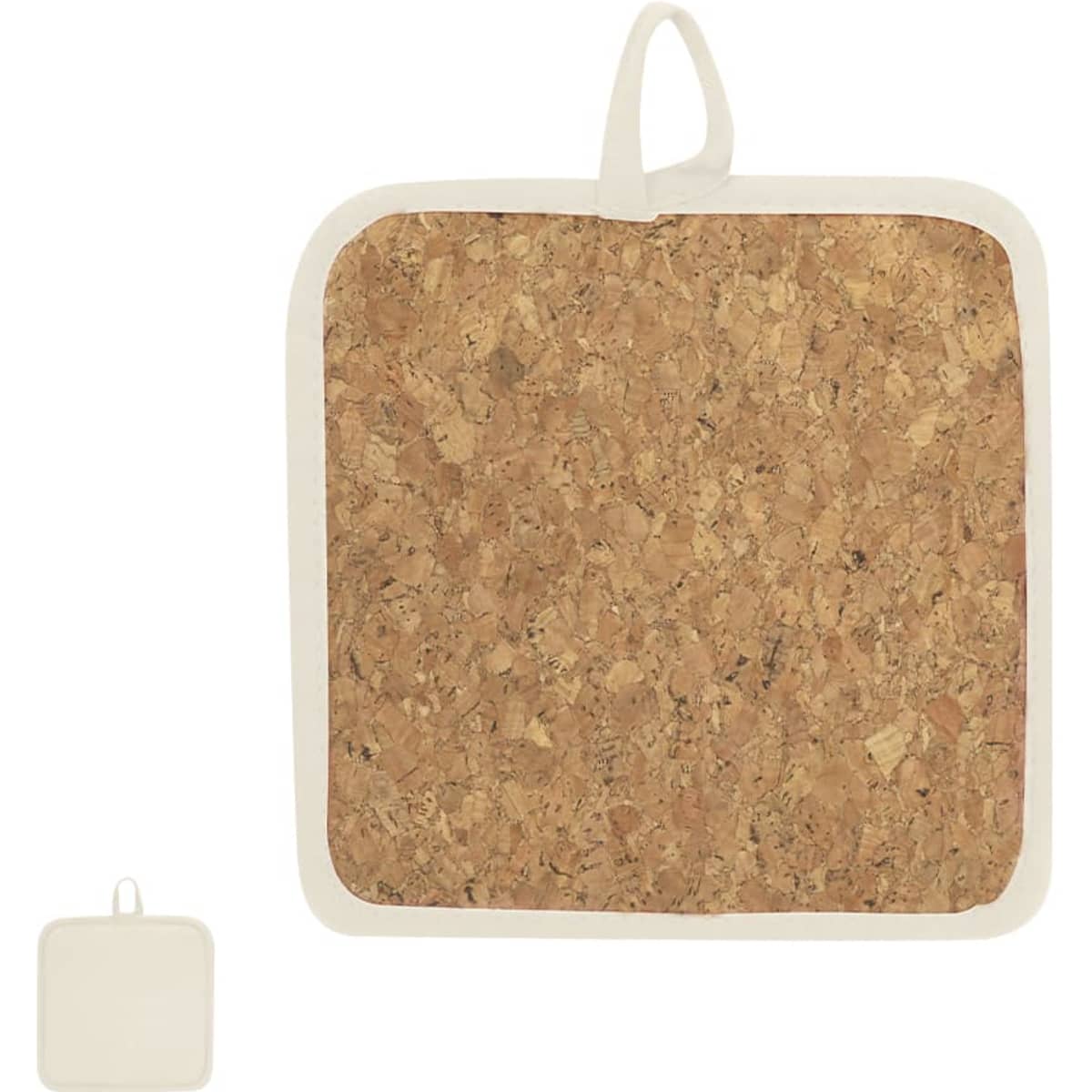 A cork pot holder in natural tones with a white border and a hanging loop. It has a simple design and features a logo.