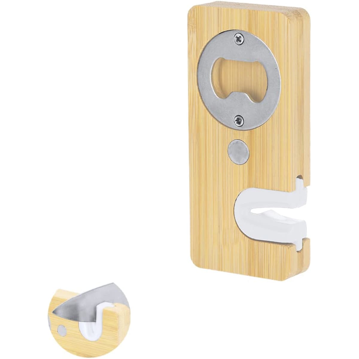A drink bottle opener made of bamboo with a silver metal cap and a white plastic grip. It features a logo.