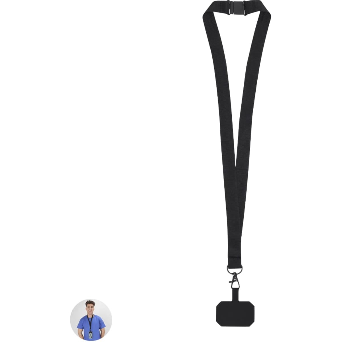 A black lanyard with a clip for attaching cards or badges, suitable for exhibitions and events.