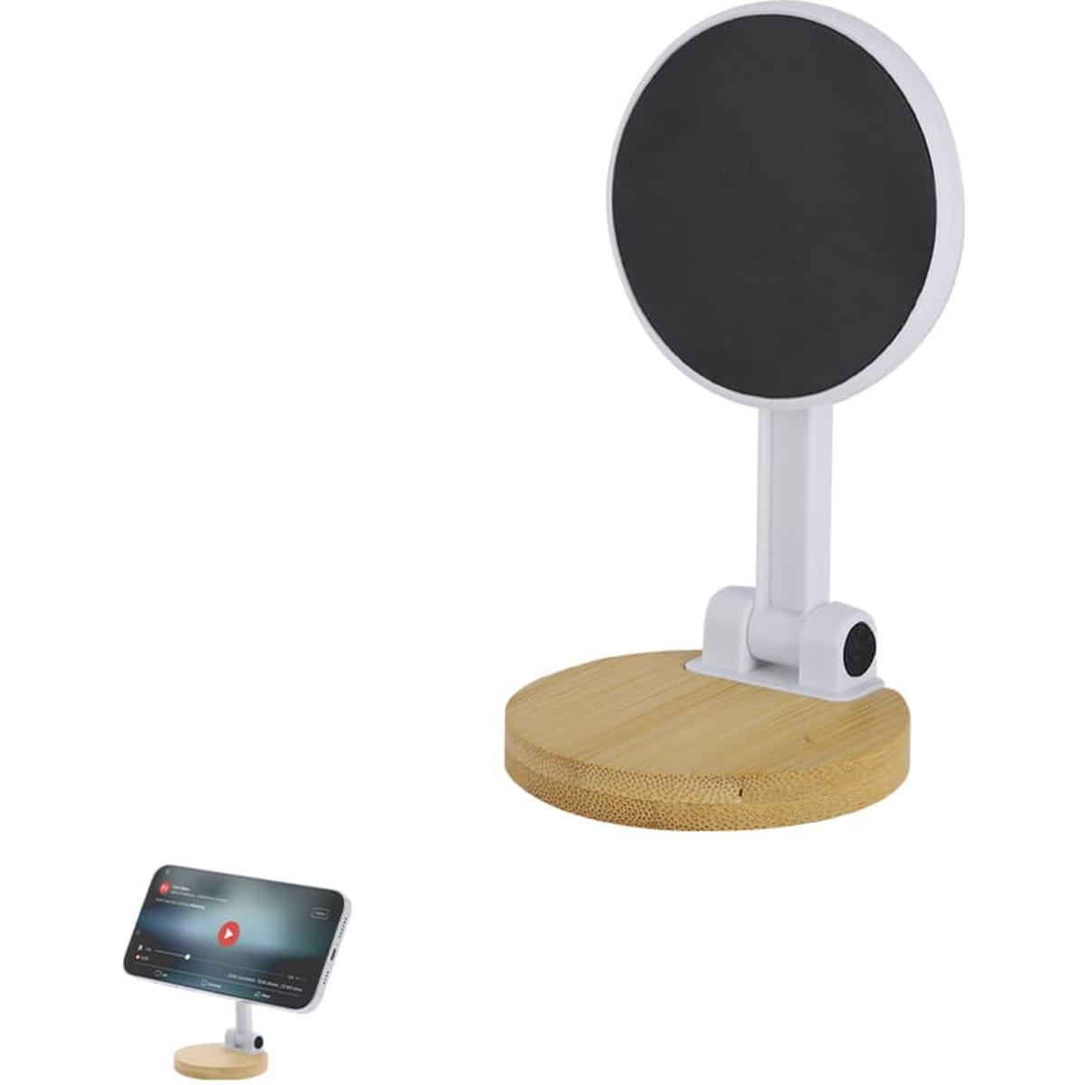 A phone stand with a circular holder, featuring a white arm and a bamboo base.