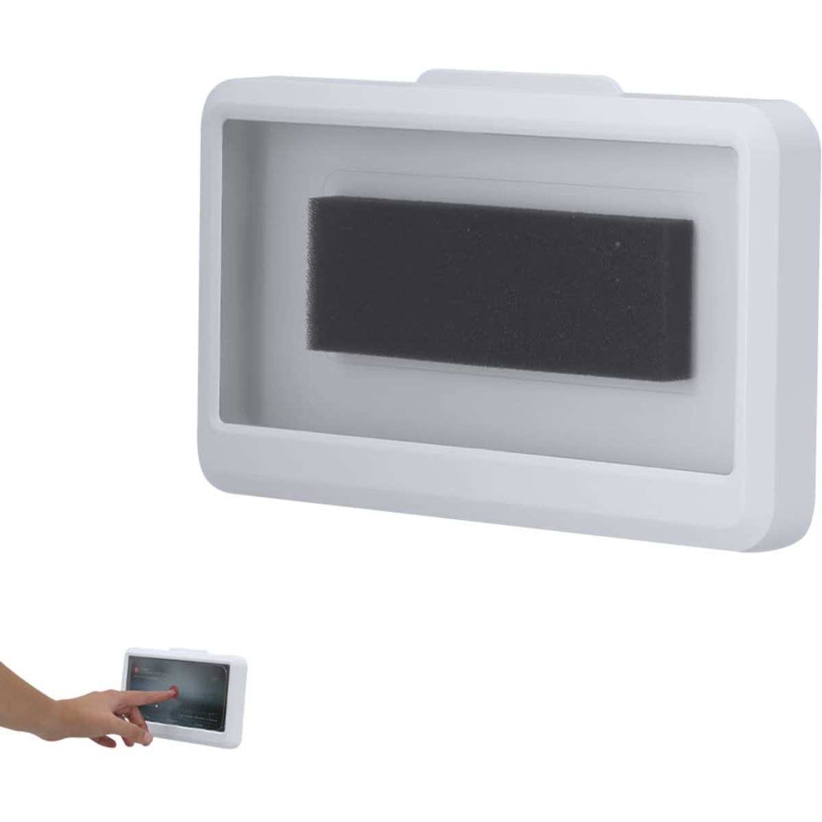 A car phone holder in white with a transparent touch screen panel and a black interior section. It includes a logo.