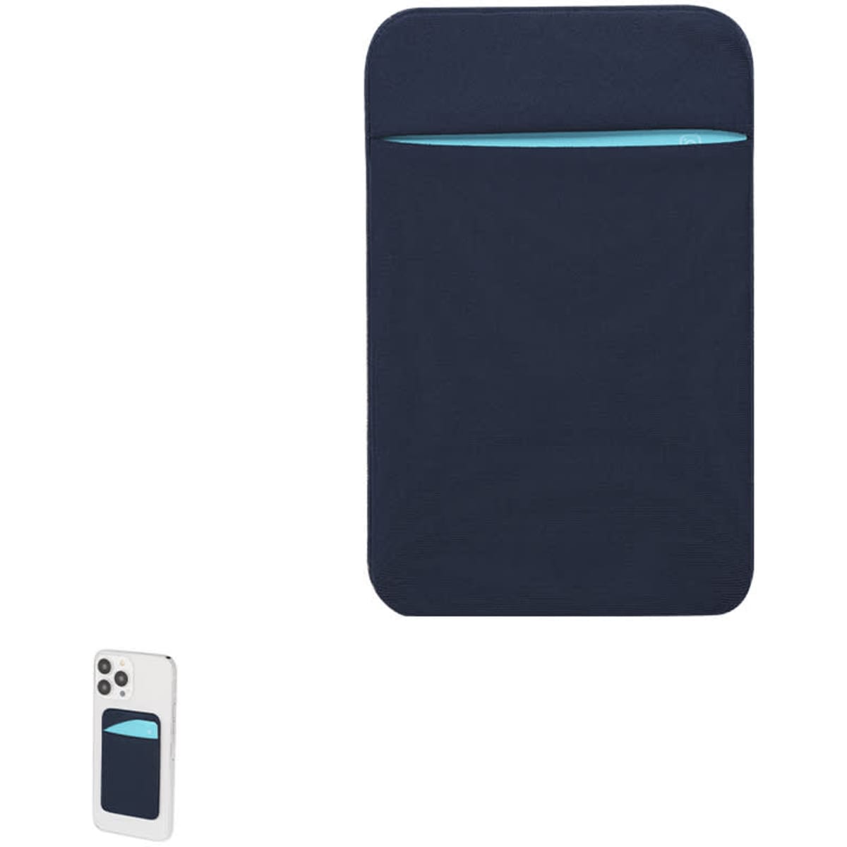 A navy blue pouch with a teal zipper, designed for carrying items, featuring a pocket on the front.