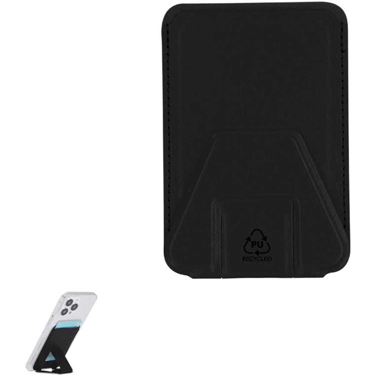 A black phone stand with a slot for a device, featuring a branding logo on the back.