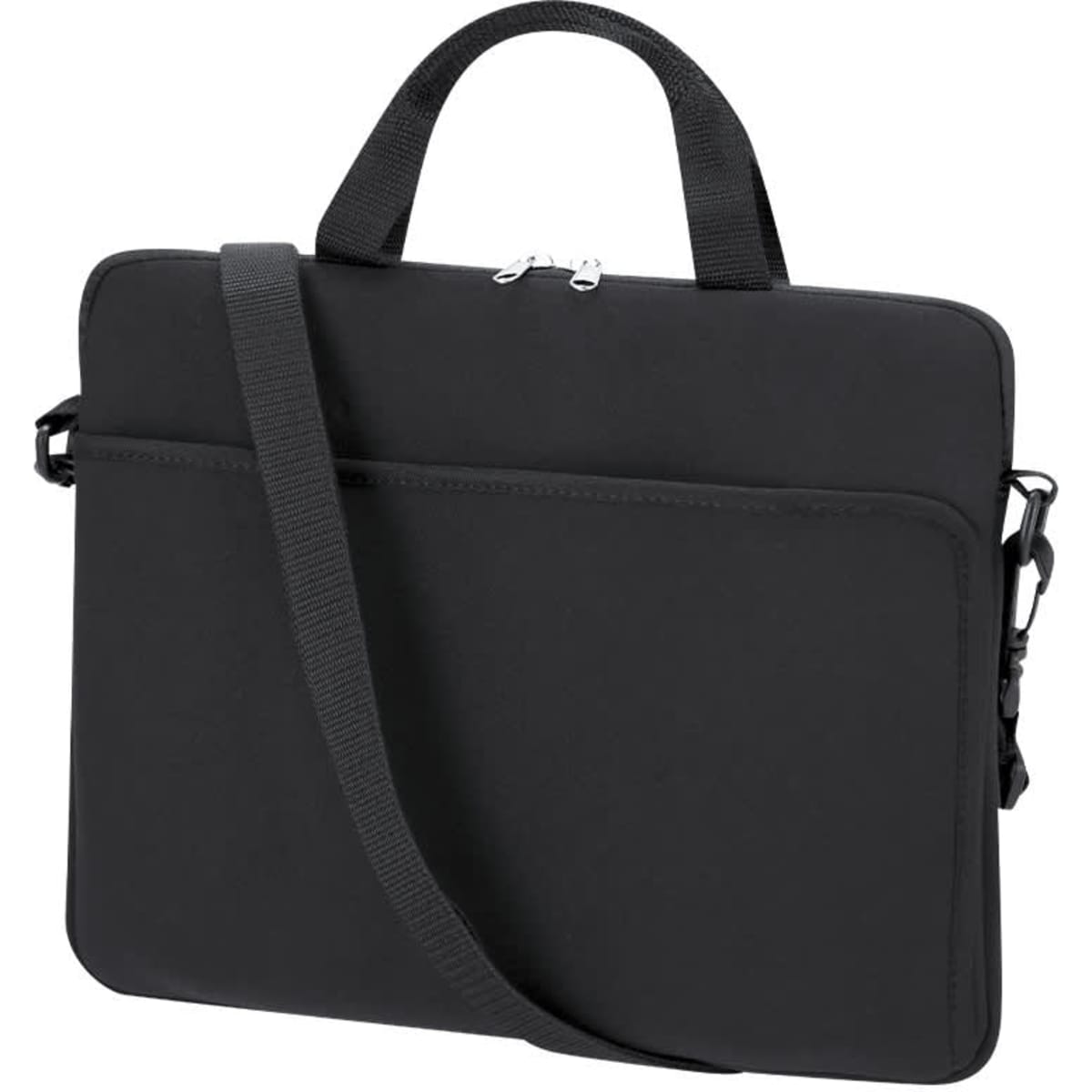 A black laptop bag with a shoulder strap and top handles, featuring a front pocket and a zip closure.