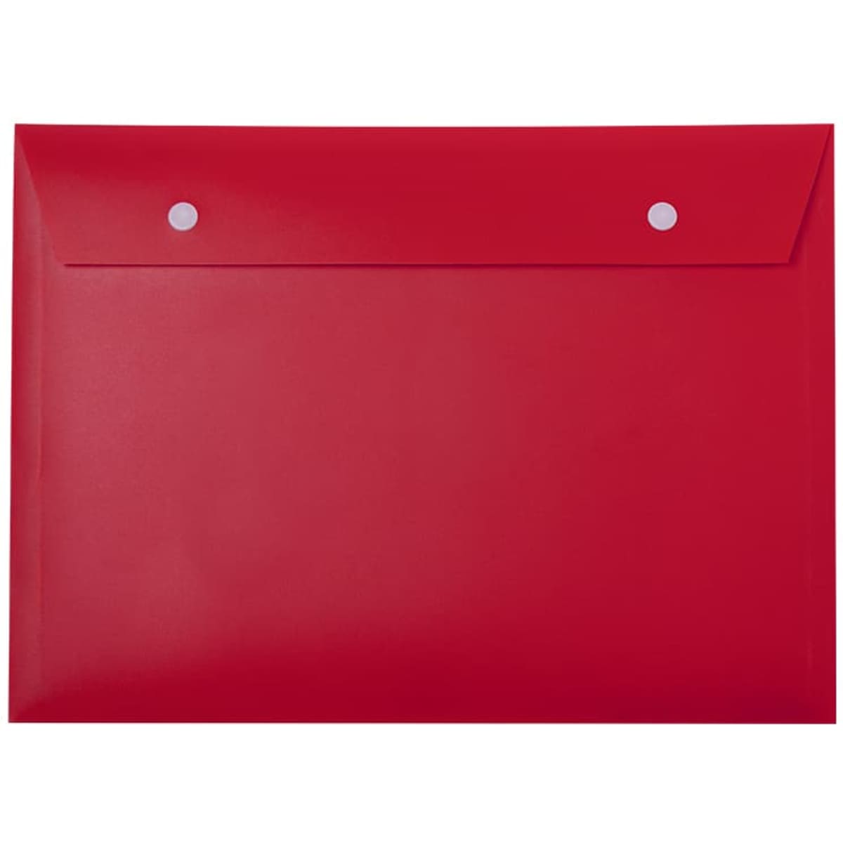 A red portfolio with a button closure and two decorative dots at the top. It features a smooth, glossy finish.