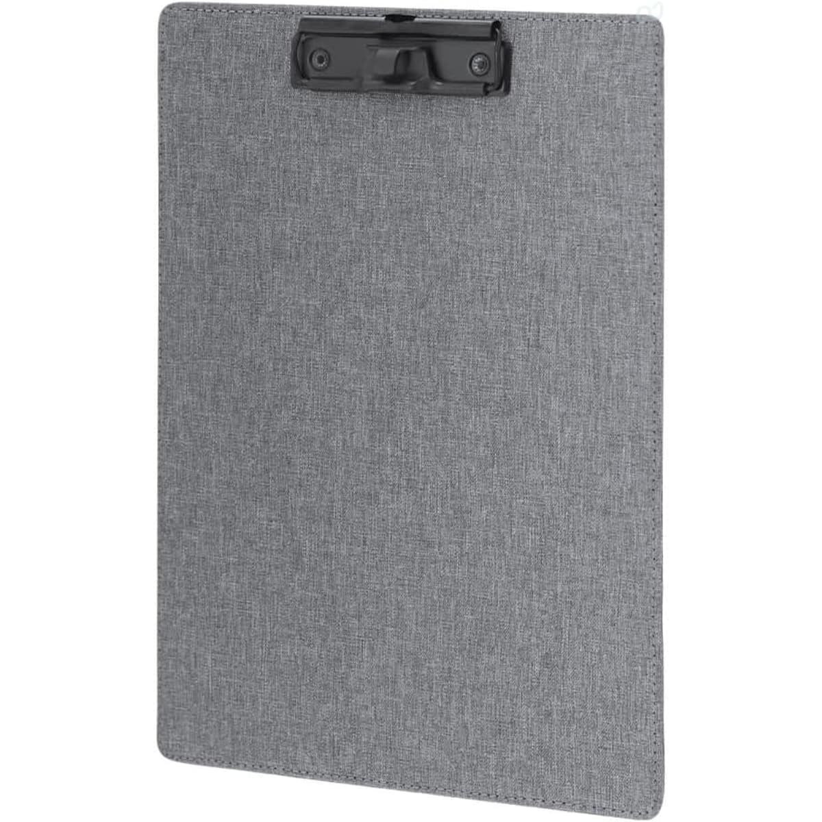 A grey clipboard with a black clip, featuring a textured fabric appearance. It has a logo on the clip.