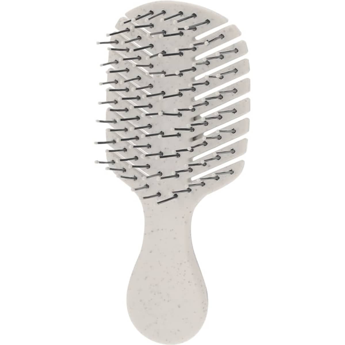 A hair brush in a light grey colour with a rounded handle and flexible bristles. It has a logo on the handle.