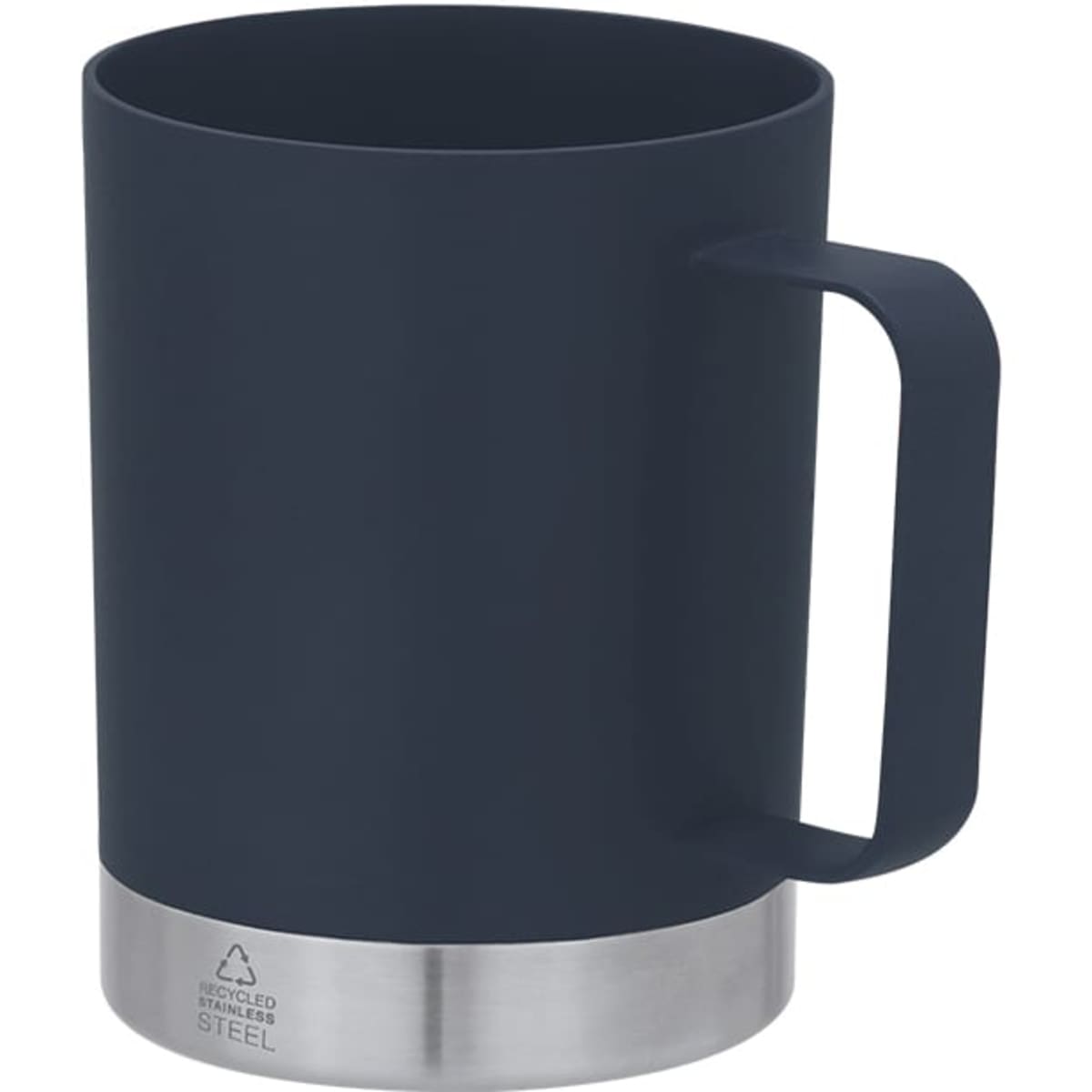 A dark blue coffee mug with a sleek stainless steel base and a sturdy handle. It features a logo on the side.