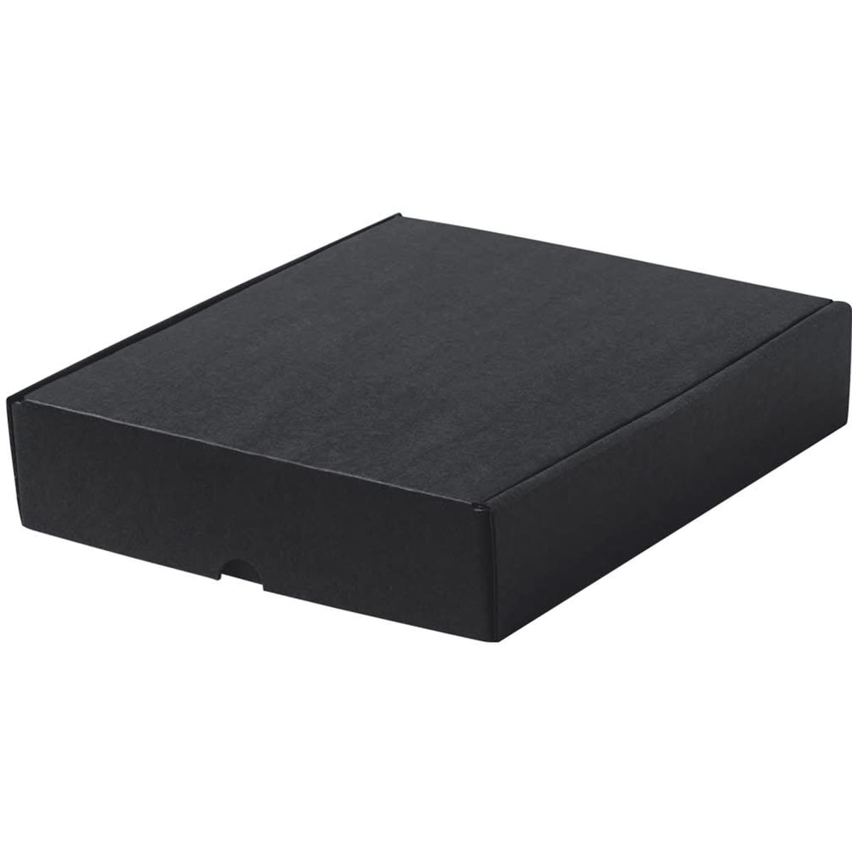 A black gift box with a sleek design, featuring a pull-out opening. Ideal for packaging products elegantly.