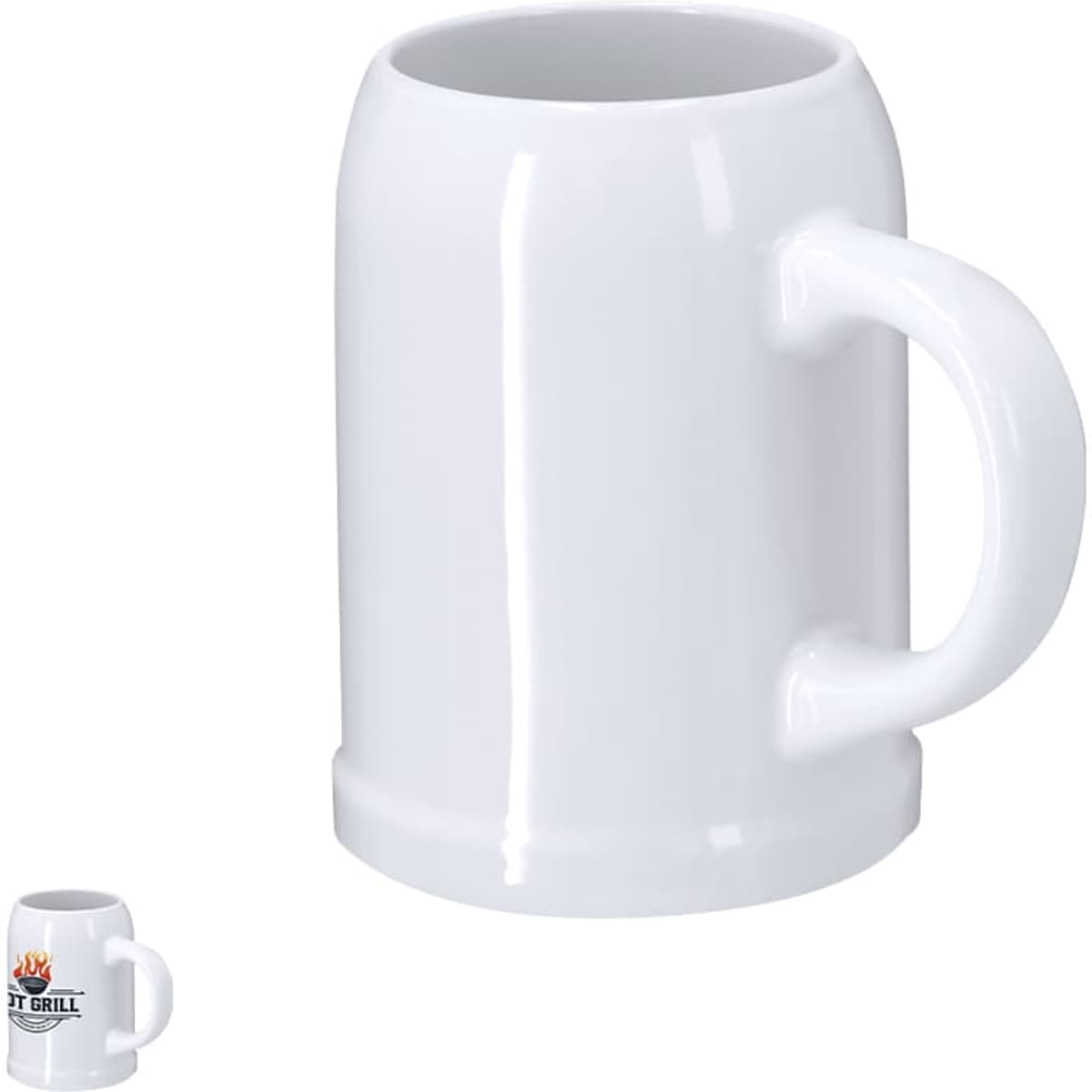 A white ceramic mug with a sturdy handle and a glossy finish. Features a visible logo on a smaller mug.