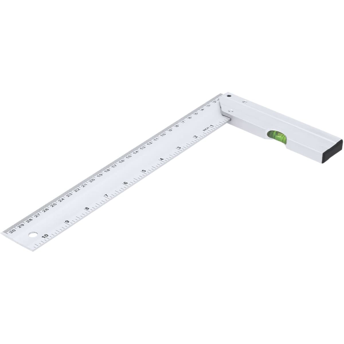 A white ruler with a level and a marked measuring scale. It features a square design and has a brand logo.
