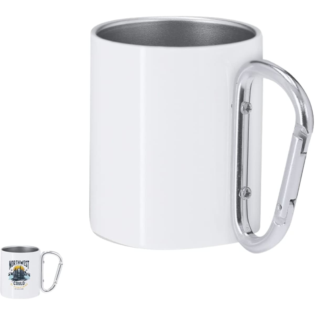 A white coffee mug with a silver carabiner attached, featuring a logo on the front.