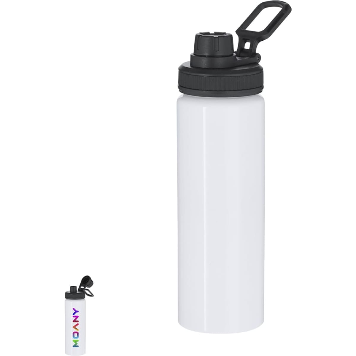 A drink bottle in white with a black lid and handle, featuring a logo on the side.