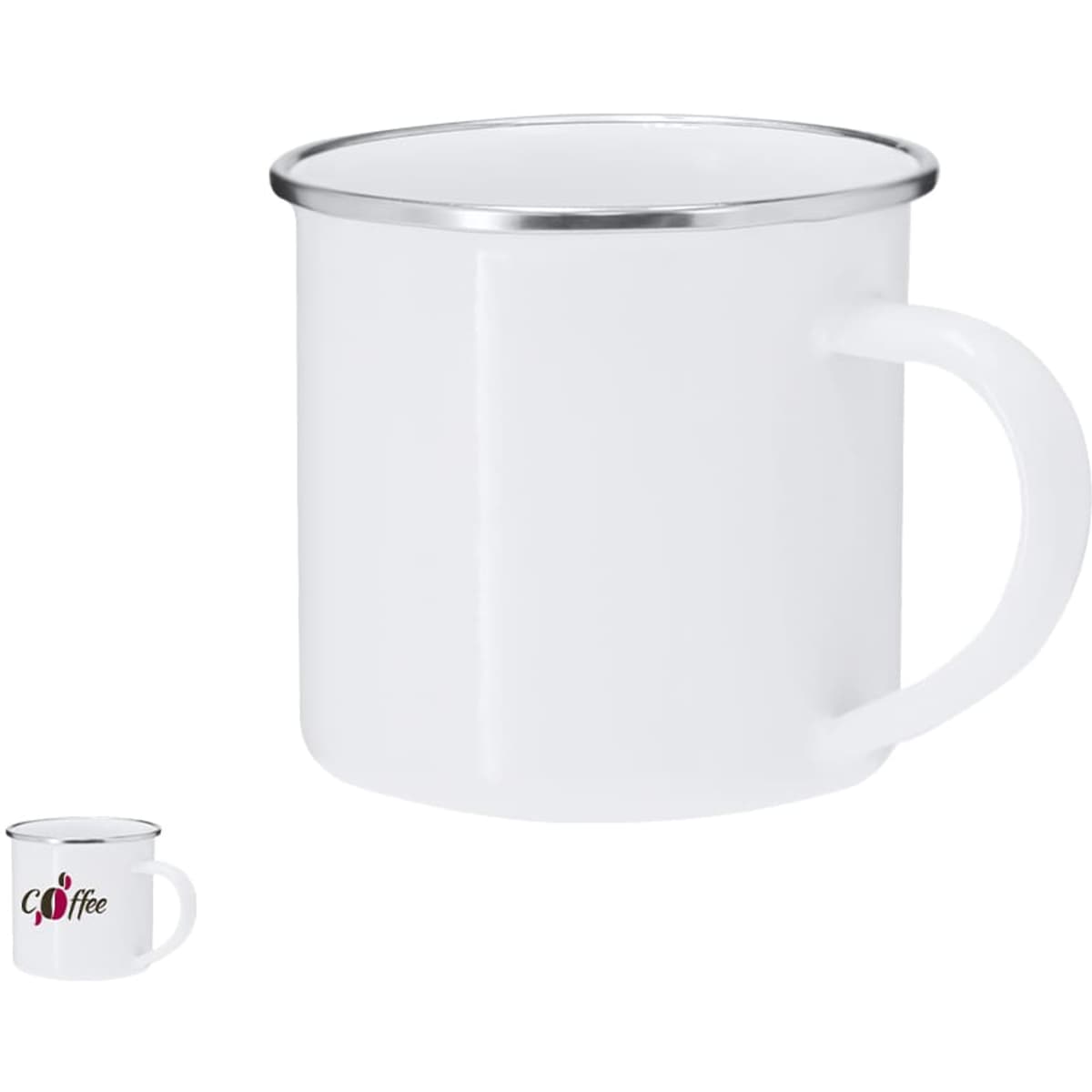A white enamel mug with a silver rim and a handle, featuring a logo. Suitable for coffee or other beverages.