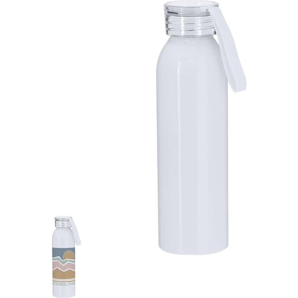 A drink bottle featuring a sleek white design with a metal cap and a branded logo.