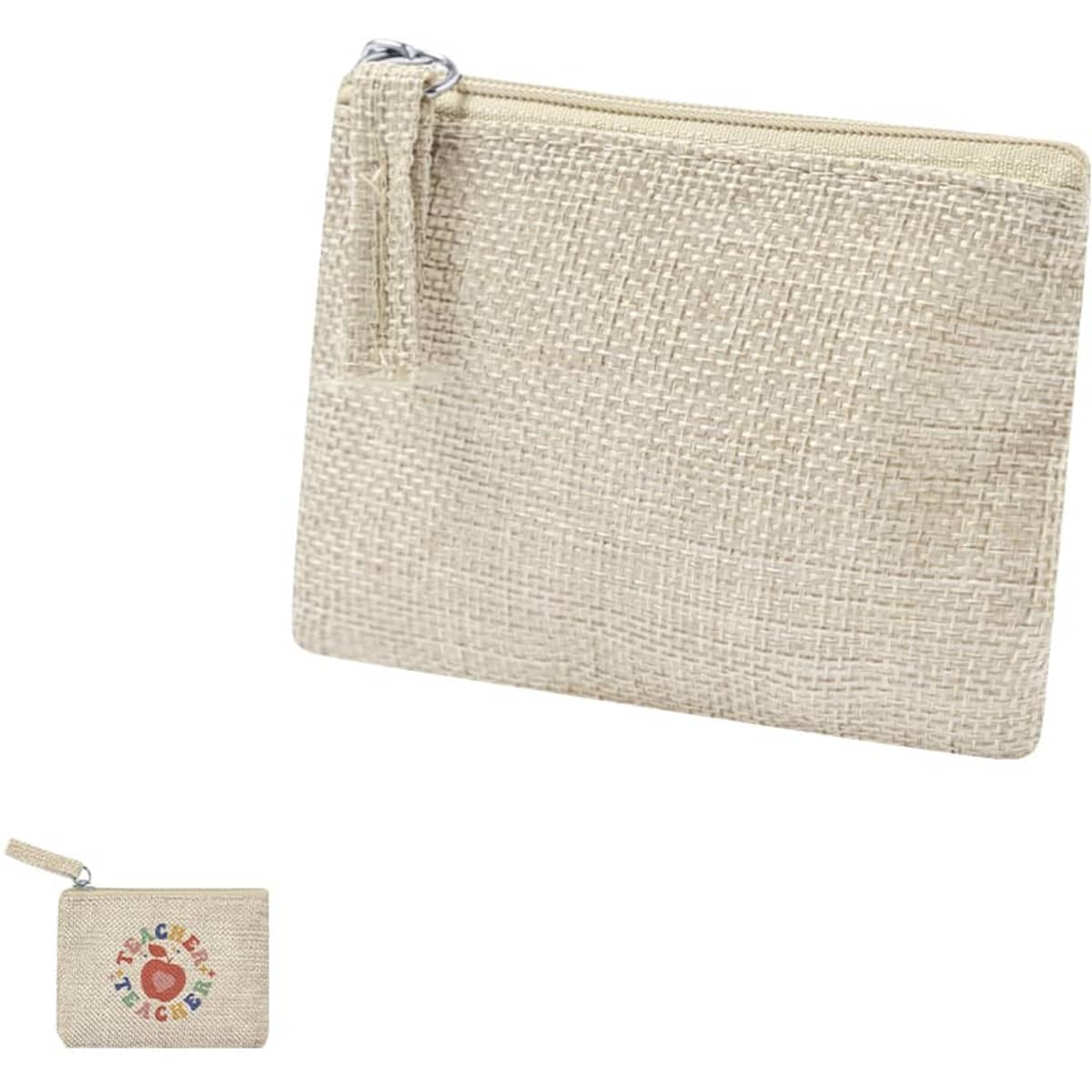 A beige textured pouch with a zippered closure and a smaller matching coin purse, both featuring a logo.