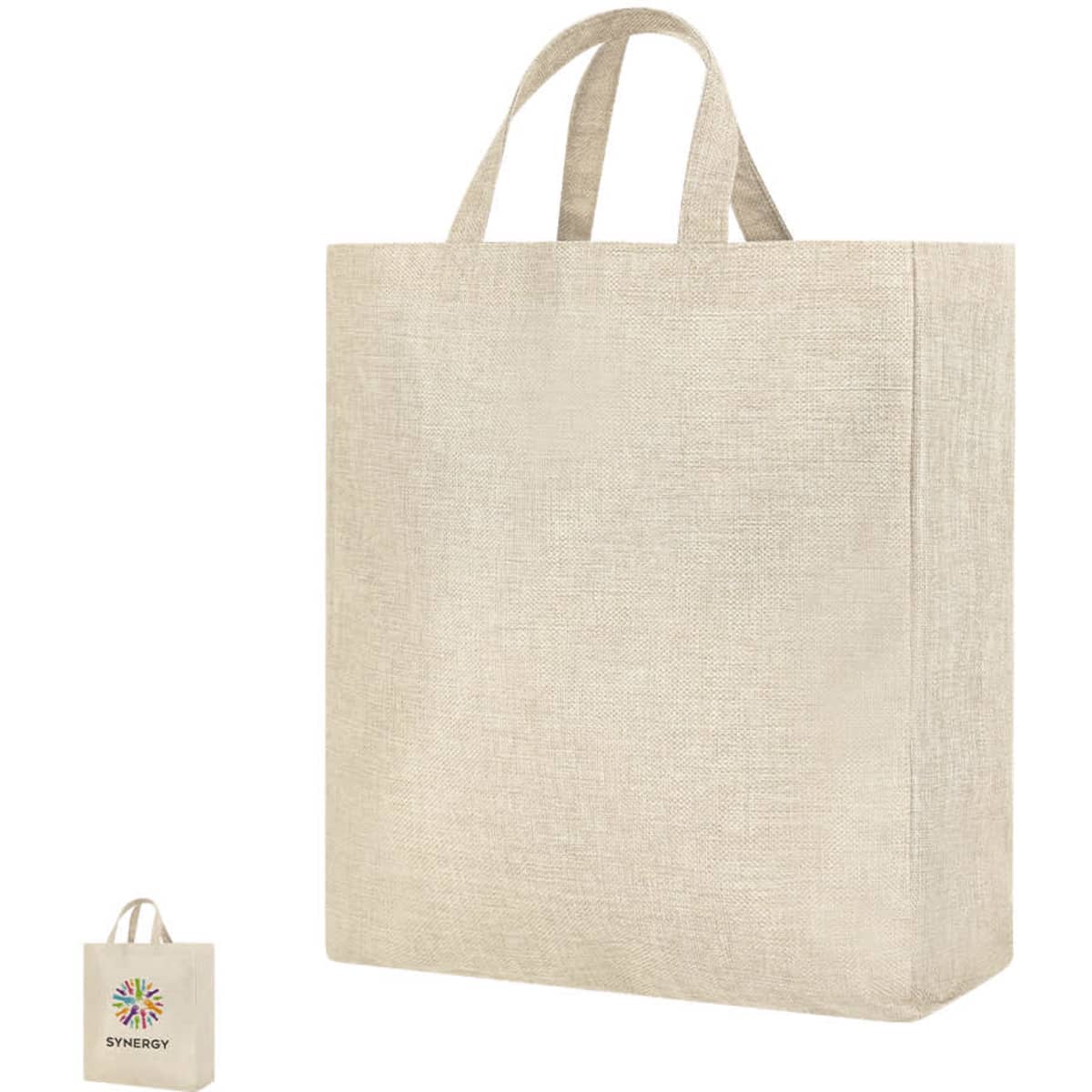A beige tote bag with sturdy handles and a logo design at the bottom left.