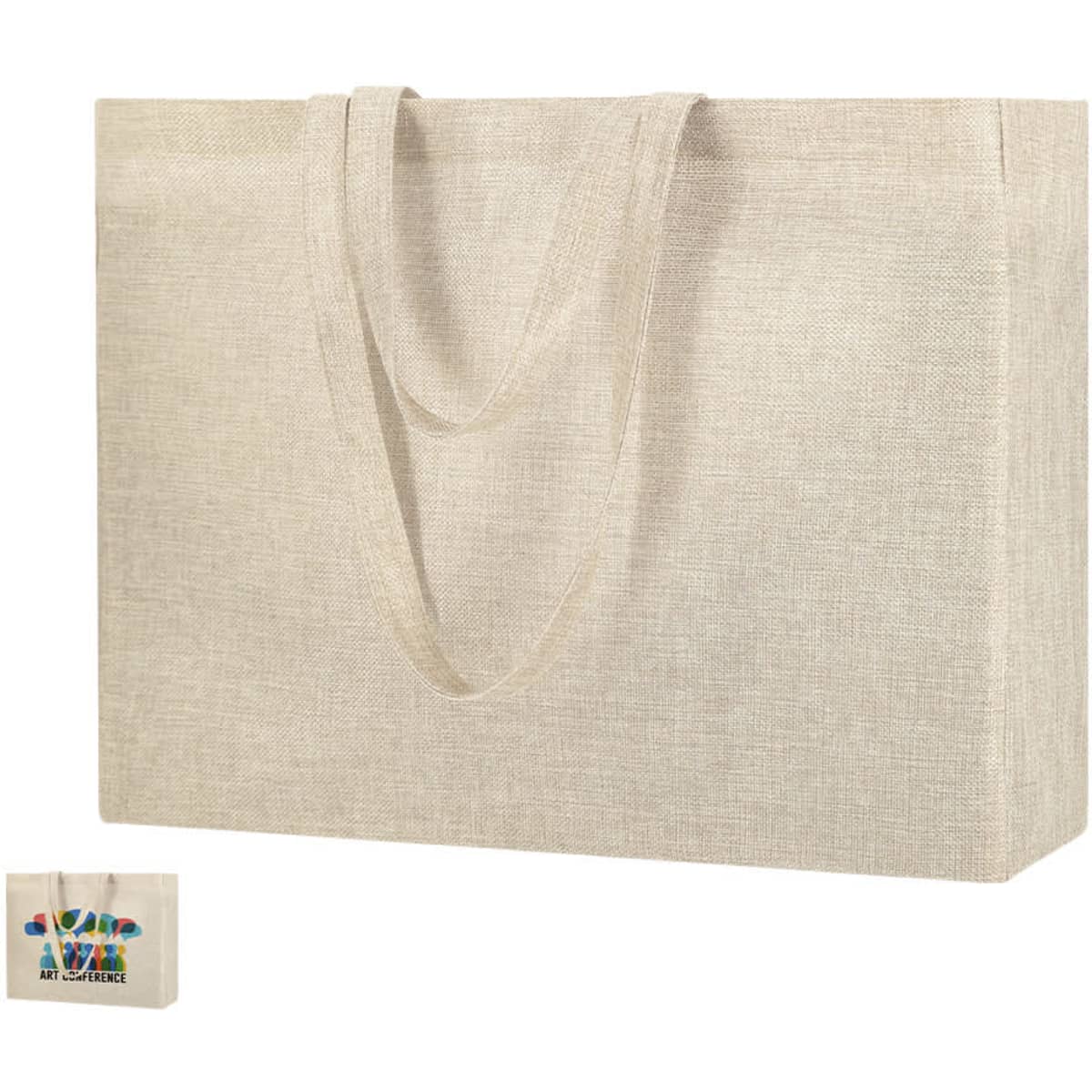 A light beige tote bag with two handles and a logo displayed on the front.