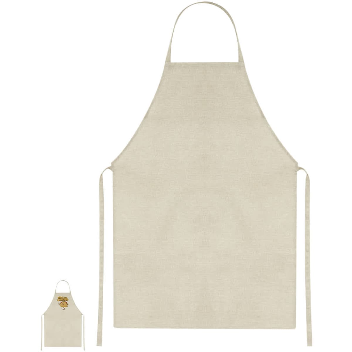A beige apron with a logo, featuring adjustable neck and waist straps, suitable for workwear.