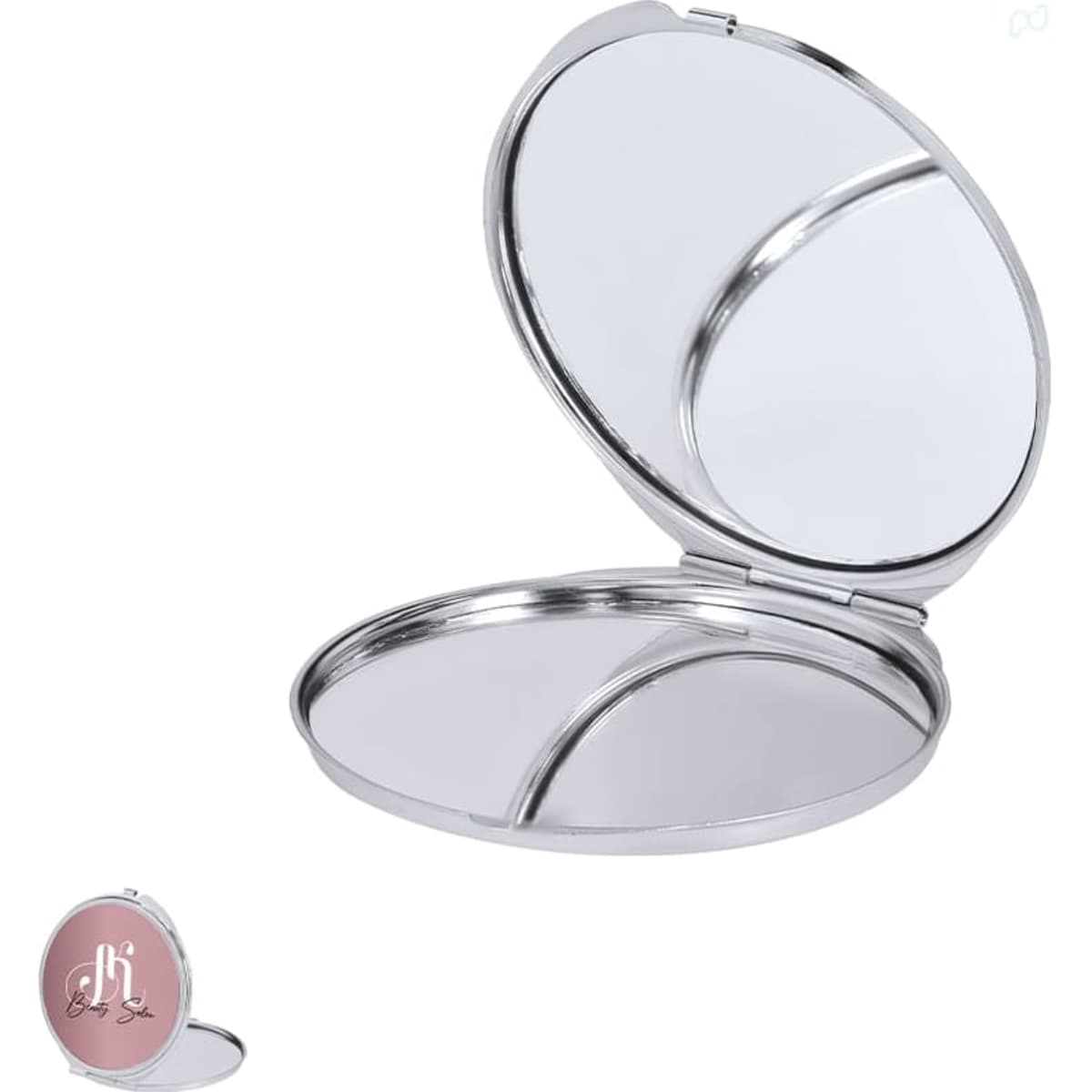 A silver compact mirror with a reflective surface and a sleek design, featuring a simple interior structure.