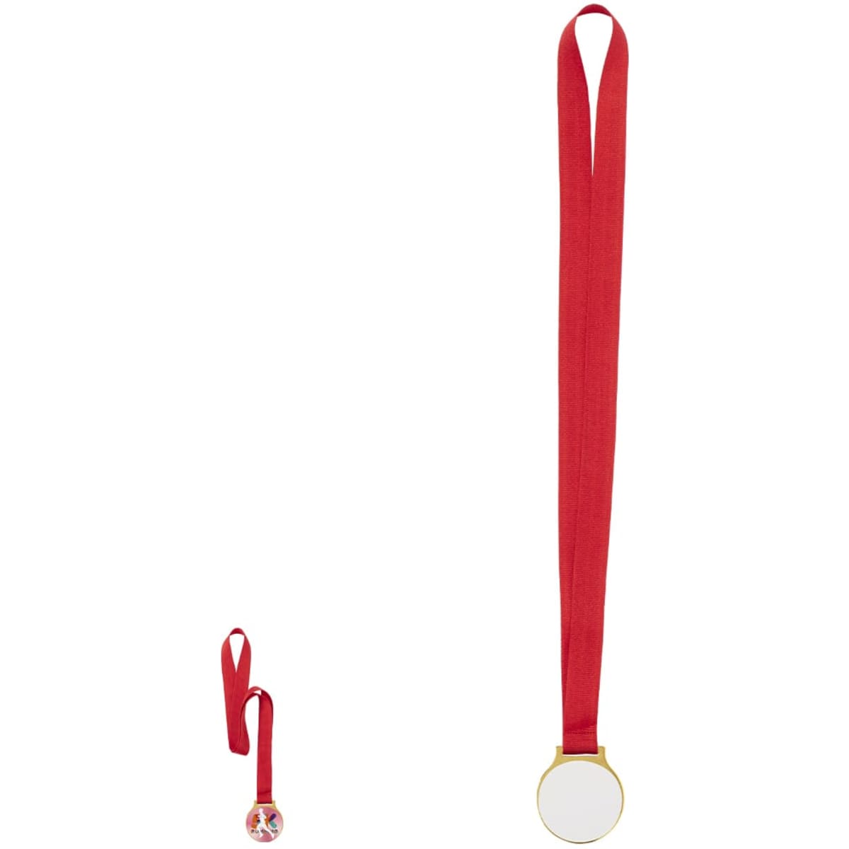 A red medal with a long ribbon and a circular gold-coloured pendant. The pendant has a blank surface.