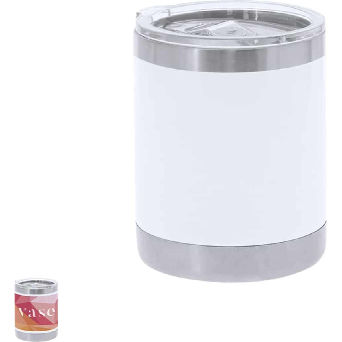 A drink bottle with a stainless steel base and a white insulated body, featuring a clear lid and a logo.