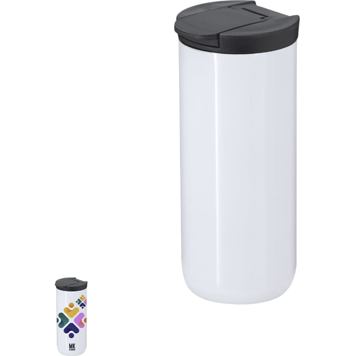 A drink bottle with a sleek white design and a black lid, featuring a decorative logo on one side.
