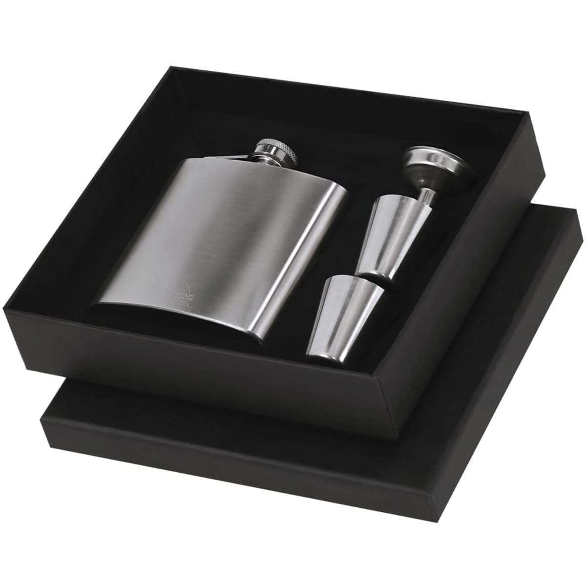 A drink bottle and two metallic shot glasses in a black gift box. The flask has a shiny silver finish and a branded logo.
