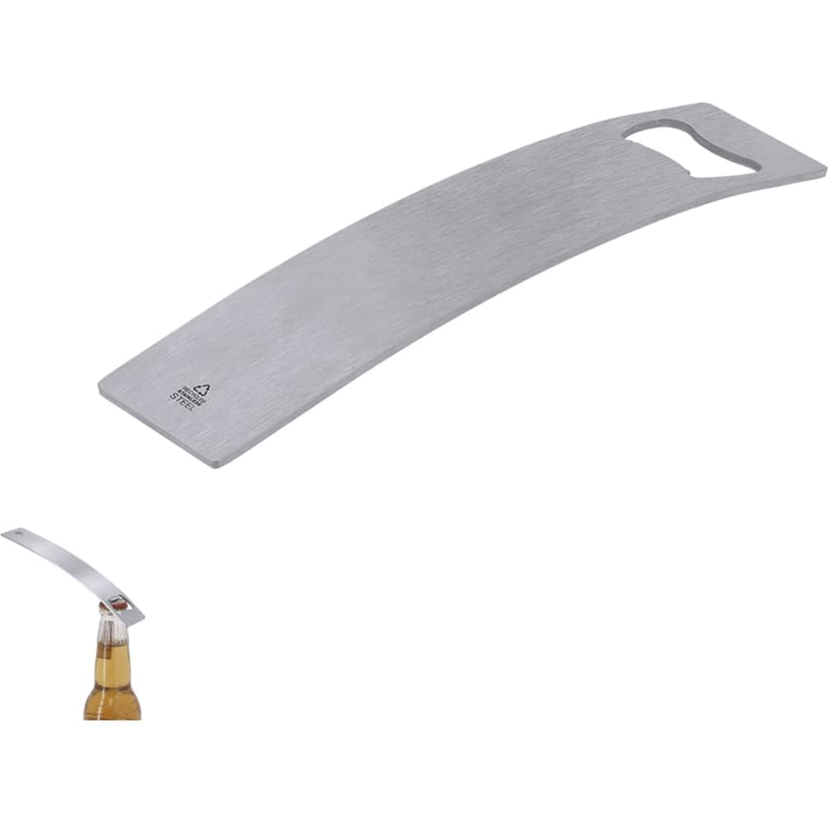 A drink bottle opener with a sleek, curved stainless steel design, featuring a built-in bottle opener at one end.