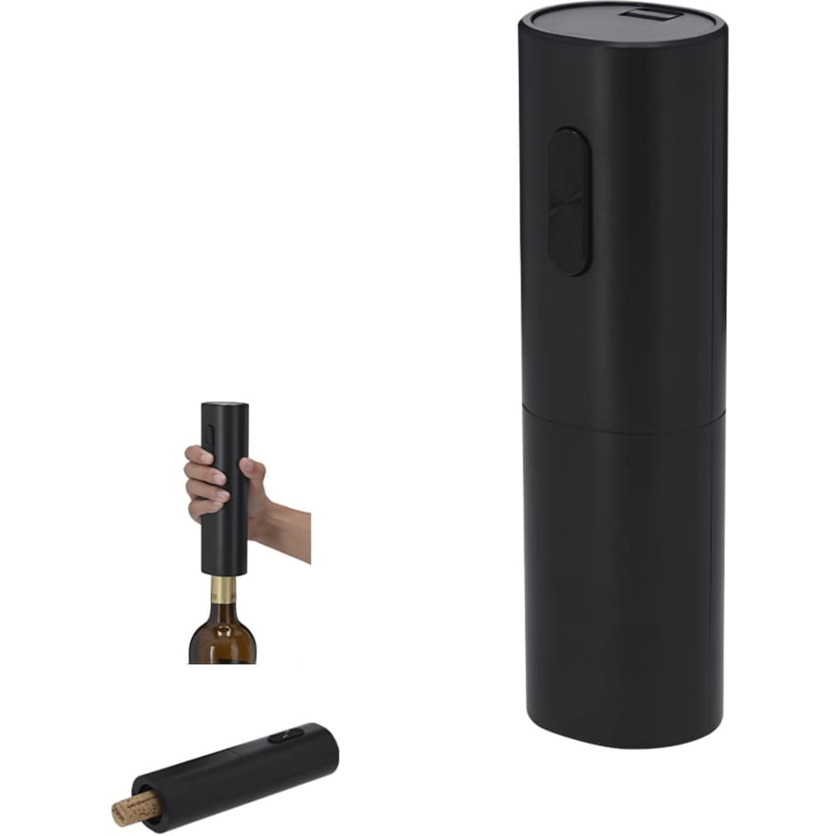 A black wine bottle opener featuring a sleek design, with a built-in corkscrew and a button mechanism.