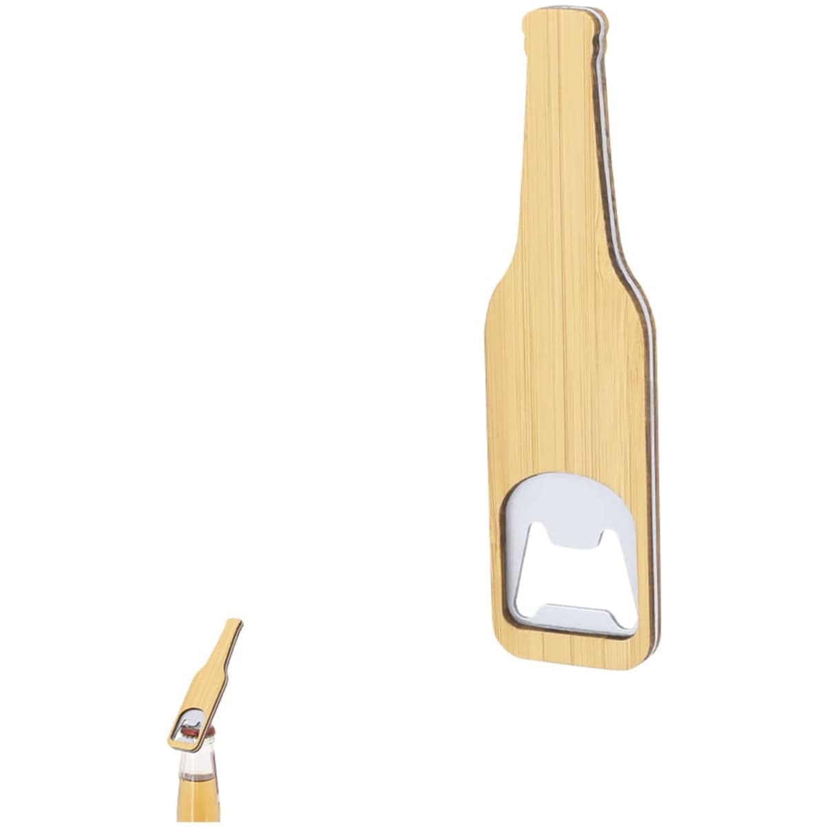 A drink bottle opener shaped like a wooden bottle, featuring a metal opening mechanism. It has a natural wood finish.
