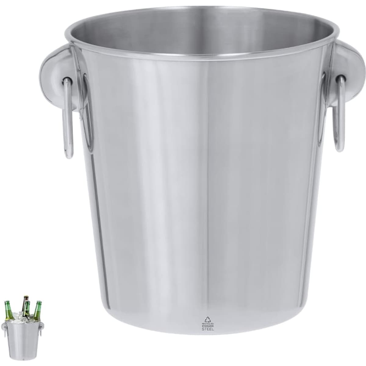 A stainless steel ice bucket with two handles, featuring a shiny silver finish and a simple design.