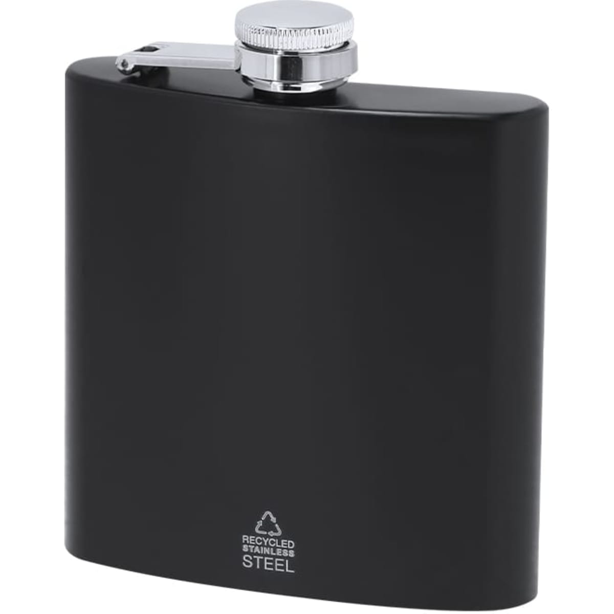 A black stainless steel flask with a silver cap and a logo on the base.