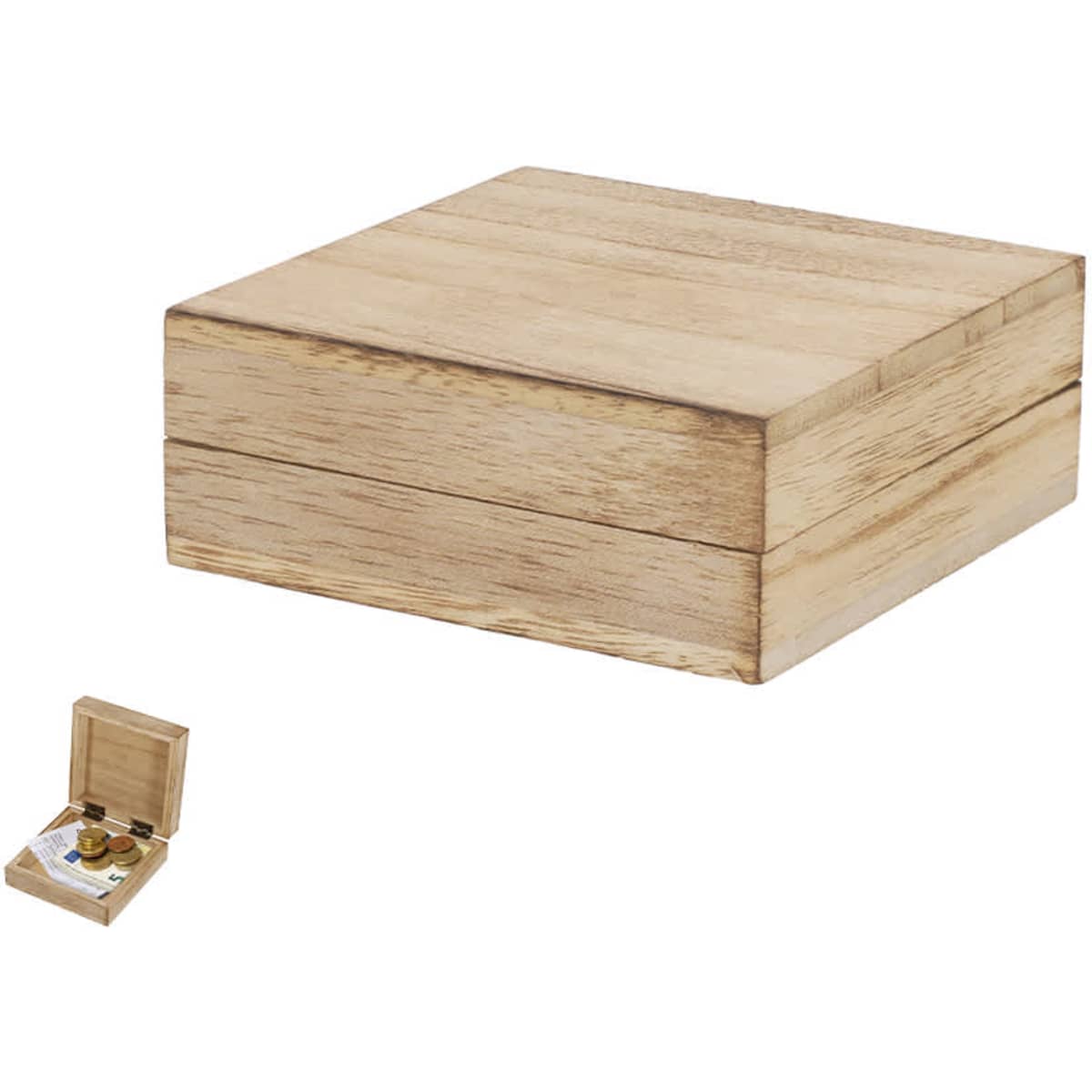 A wooden box with a natural finish and a smaller wooden box inside. Both have a plain design and no visible branding.