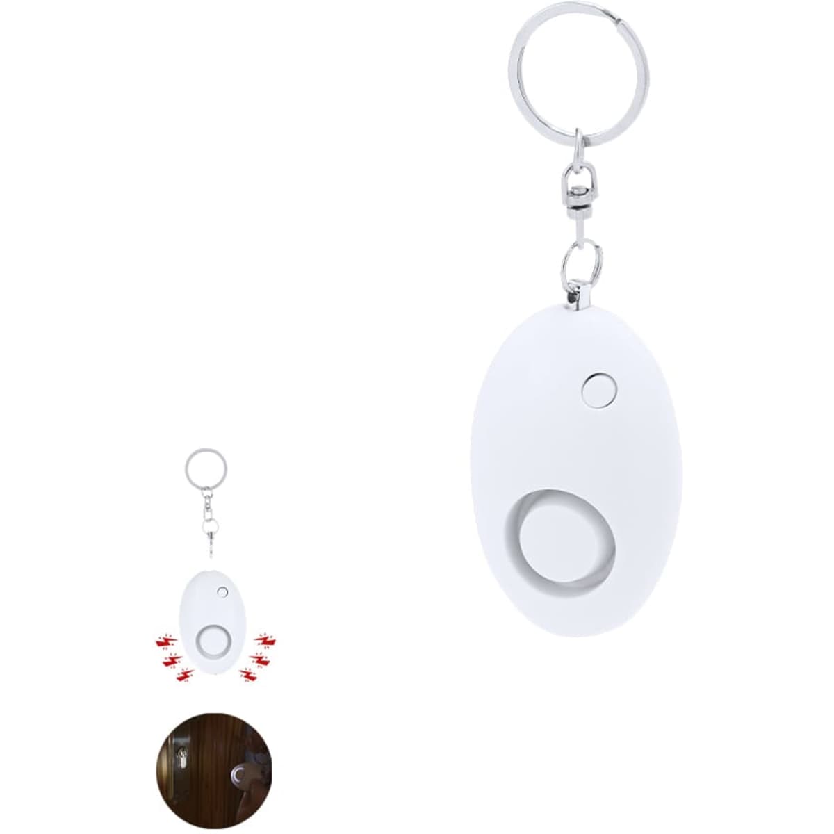 A white keychain device with a button and a round section, featuring a small logo.