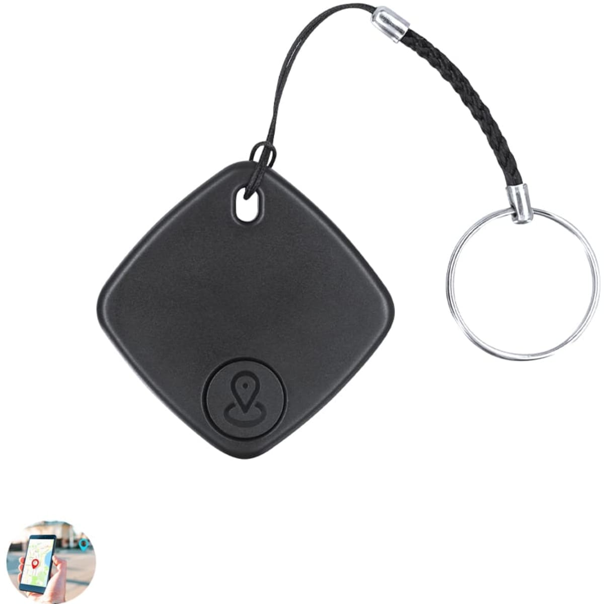 A black tracking device with a keyring attachment, featuring a smooth, diamond-shaped design and a small logo.